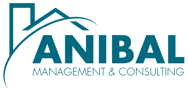 Logo for Anibal Management & Consulting with stylized blue text on a black background. Features abstract building and roof design for a professional tone.